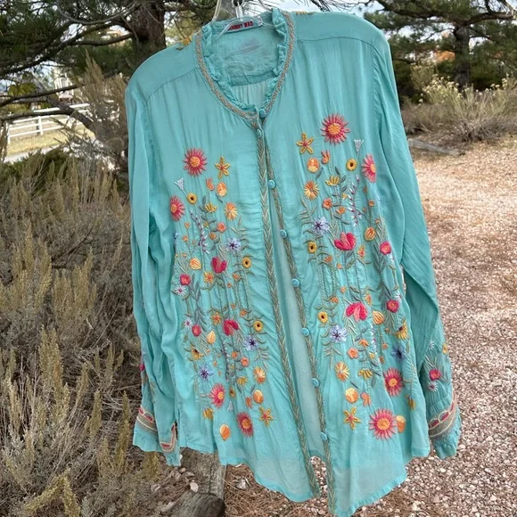 Johnny Was Turquoise Blouse with Multicolor Floral Embroidery - Picture 1 of 5